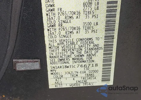 2005 Nissan Pathfinder Se z USA, uszkodzony, nr VIN 5N1AR18W35C766718